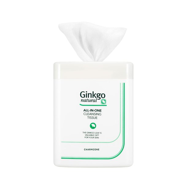 Charmzone Ginkgo Natural All in One Cleansing Tissue Makeup Remover Face Wipe Moisturizing Cleansing Facial Towelette Daily Use (Container, 110 sheets)
