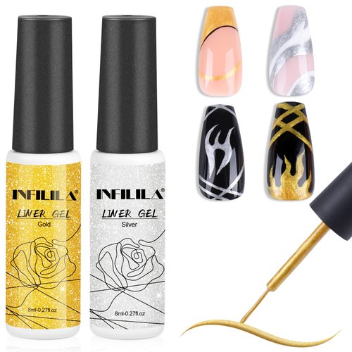 NXJ INFILILA Gel Liner Nail Polish Set, 2 Color French Tip Nail Polish Gold and Silver, Gel Liner Nail Art Paint for Swirl Nails Built Thin Nail Art Brush in Gel Pens UV Soak off Gifts for Women