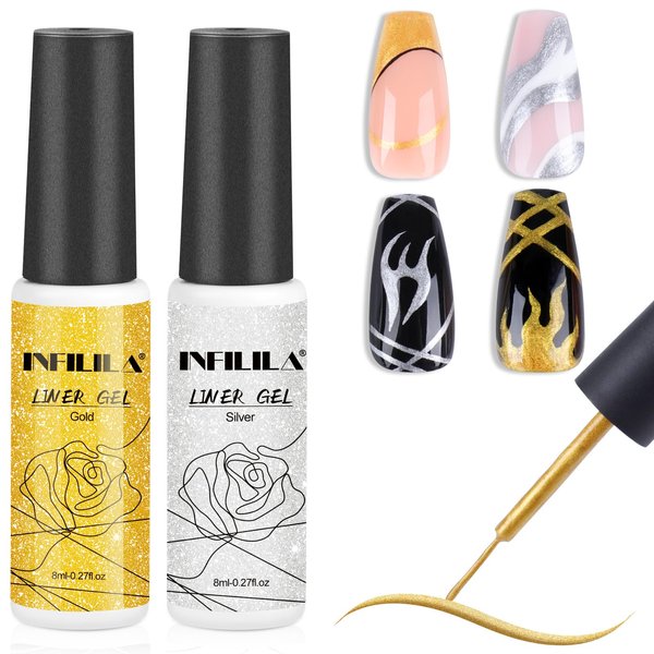 NXJ INFILILA Gel Liner Nail Polish Set, 2 Color French Tip Nail Polish Gold and Silver, Gel Liner Nail Art Paint for Swirl Nails Built Thin Nail Art Brush in Gel Pens UV Soak off Gifts for Women