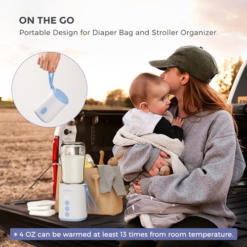 MOMFANN Portable Bottle Warmer, Travel Baby Bottle Warmer for Breastmilk On The Go, Leak-Proof, 2 Modes Fast Heating, Baby Blue