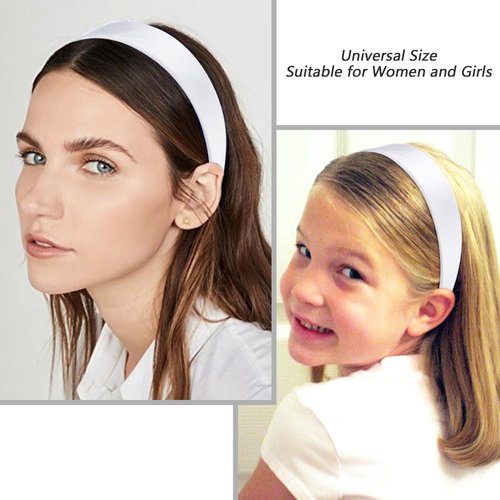 AHONEY White Headband for Women Girls Satin Silk Headband Non Slip 1.57" Wide Plain Head Band Solid Hair Band DIY Halloween Costume Holiday Fasion Hair Accessories Gifts