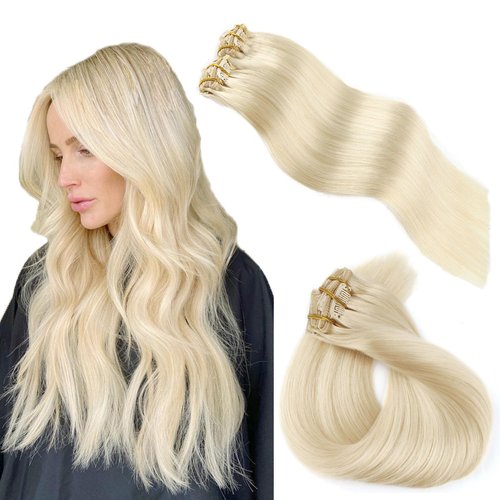 ABH AMAZINGBEAUTY HAIR Clip in Hair Extensions Platinum Ash Blonde Clip in Real Human Hair Straight Color #60 Clip on Hair Extensions Invisible Reusable Double Side Skin Wefts 16 Inch 8Pcs 120G