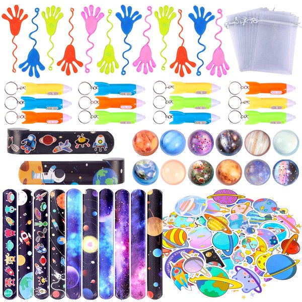 Pllieay 110pcs Outer Space Party Bag Fillers for Kids, Space Bouncy Balls Sticky Hands Slap Bracelets Space Toys for Kids Birthday Christmas Gift Goodie Bag Fillers Pinata Stuffers Classroom Prizes