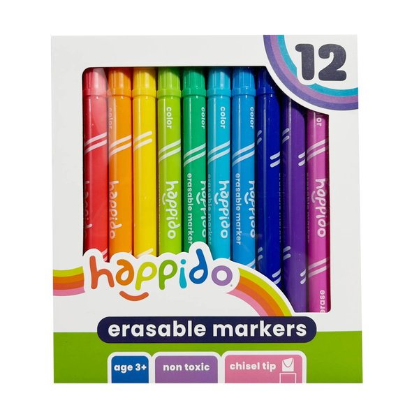 International Arrivals Happido Dual Tip Erasable Markers for Kids, Set of 12 Erasable Chisel Tip Markers for Kids Ages 8-12, Double Sided Erasable Art Markers, Kids Art Supplies