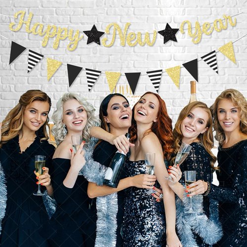 FHGG Glitter Happy New Year 2025 Banner Decorations New Years Eve Banner New Years Eve Party Supplies 2025 Happy New Year Sign for Happy New Year Decorations NYE Party Supplies Decorations 2025 Gold