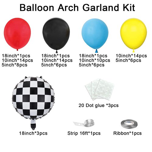 Race Car Balloons Arch Garland Kit, Red Yellow Blue Black Checkered Foil Balloon ，Racing Car Theme Birthday Party Decorations Cars Balloon Arch Kit 5 10 18 Inch