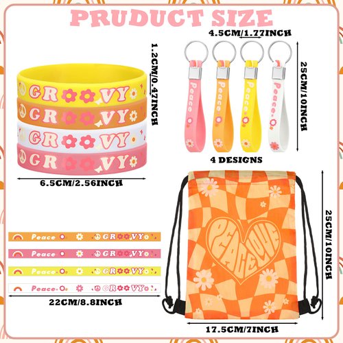 Honoson 86 Pcs Groovy Party Favors Boho Party Favors Includes 50 Groovy Stickers 12 Hippie Keychain 12 Daisy Rainbow Silicone Wristband 12 Colorful Retro Drawstring Bag for Birthday Decorations