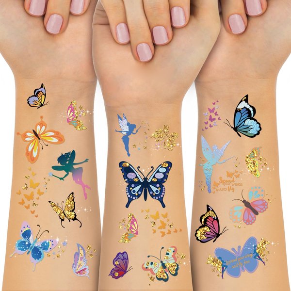Waterproof Temporary Tattoos - 92pcs Butterfly Groovy Fake Tattoo for Kids, Stickers Party Favor Supplies Make Up Decoration, Festival Arts and Crafts Accessories Kits for Women Girls