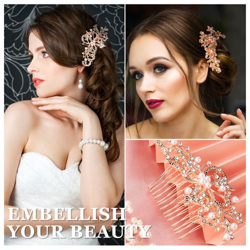 64 Pieces Wedding Hair Comb Set, Include 20 Flower Rhinestone Hair Sticks, 20 Pearl Hair Pins, 3 Crystal Pearl Combs, Pearl Wedding Hair Vine, 20 U Shaped Pearl Hair Clip (Novel Style)