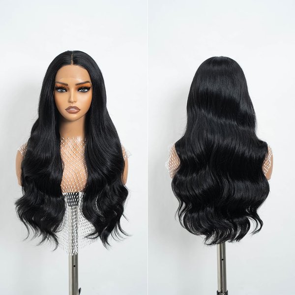 REBECCA STYLE Long Black Wavy Wigs for Women 26 Inch Middle Part Curly Wavy Wig Natural Looking Long Wave Synthetic Lace Front Wigs Glueless Heat Resistant for Girls Daily Party