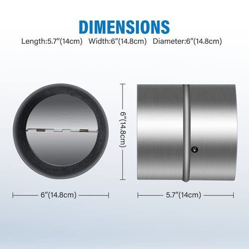 iPower 6 inch Backdraft Shutter Damper Back Draft Blocker, One-Way Airflow Ducting Insert Backflow Preventer with 2 Inline Springs Loaded Folding Blades, 6", for HVAC Extractor Fan Vent, Range Hoods