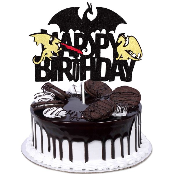 Dragon Happy Birthday Cake Topper - Fire Dragon Birthday Black Glitter Cake Topper - Boy Birthday Dragon Party Cake Decoration