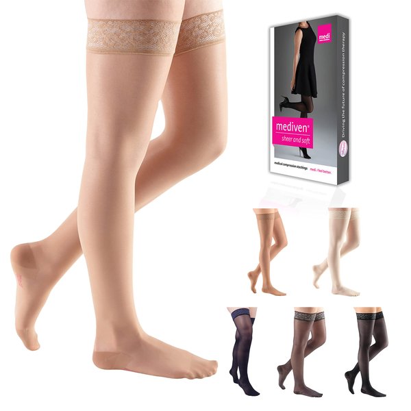 mediven Sheer & Soft for Women, 15-20 mmHg - Closed Toe, Thigh High with Top Band Compression Stockings, Sheer Hosiery, I, Standard, Natural
