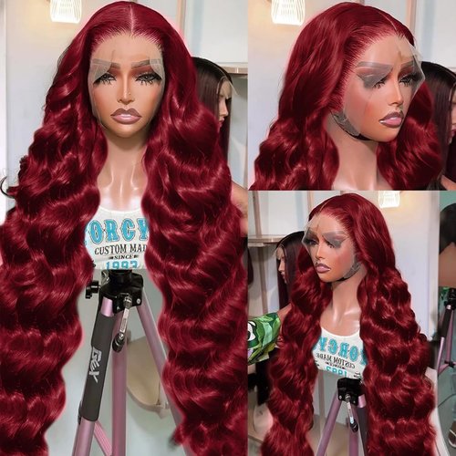 28 Inch 99j Burgundy Lace Front Wigs Human Hair 200% Density 13x6 Body Wave Lace Front Wigs Human Hair Pre Plucked Glueless Red Wig Wine Red Lace Front Wigs Human Hair Wigs for Women Reddish Brown