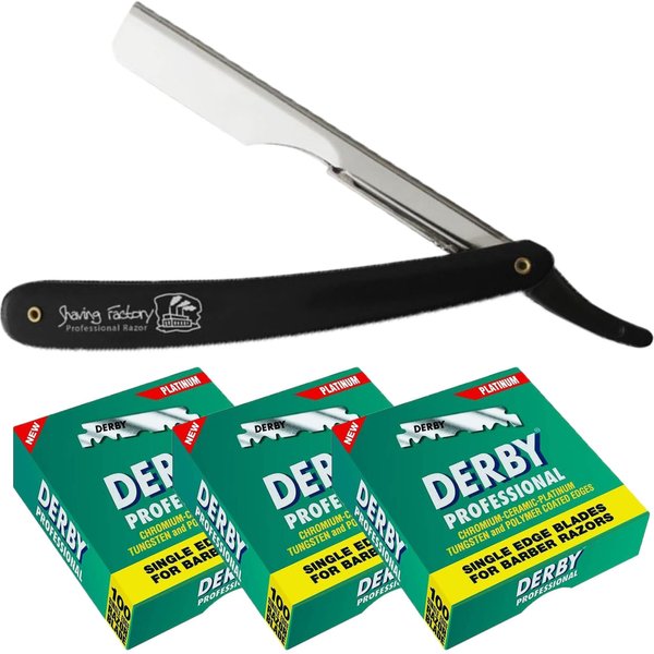 Derby & The Shave Factory Razor Blades | Black & Silver | Straight Edge Razor | Derby Single Edge Razor Blades | Shaving Kit from The Shave Factory (3 Pieces)