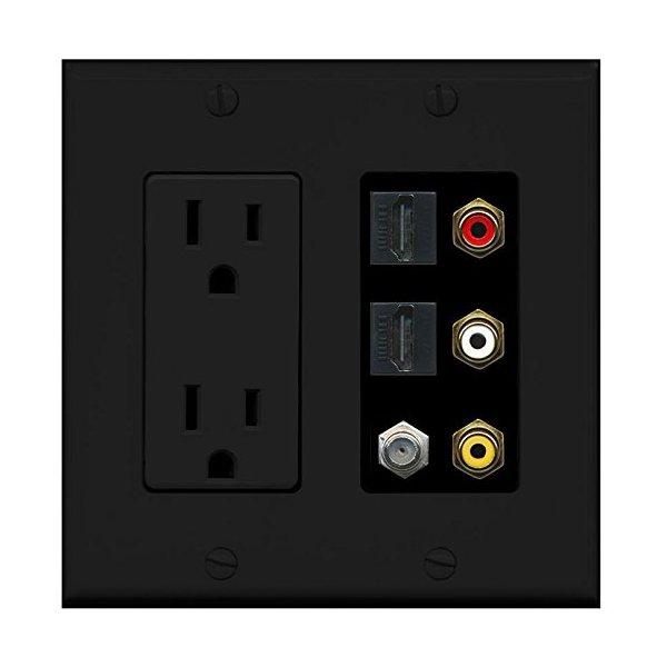 RiteAV Black 15A Power Outlet RCA Composite 2 HDMI 1 Coax Wall Plate 2 Gang