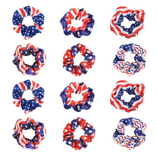 12pcs Patriotic Elastic Hair Band, Girls Women Red White and Blue Scrunchies Accessories Patriotic Ponytail Bands American Flag Hair Ties USA Independence Day 4th of July for Present Decorations