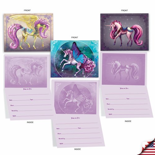 The Best Card Company 10 Assorted Invitation Note Cards Bulk Box Set 4 x 5.12 Inch with Envelopes (10 Designs, 1 Each) Unique Unicorns AM6294ING-B1x10