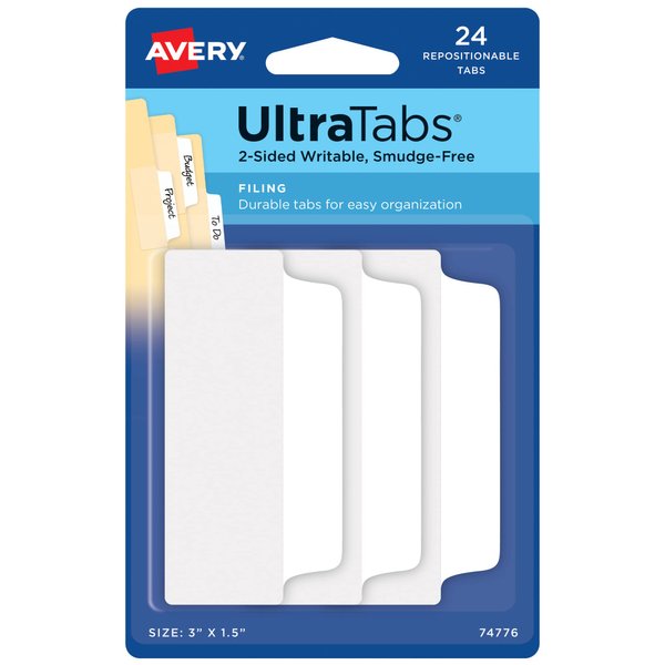 Avery Filing Ultra Tabs, 3" x 1.5", 2-Side Writable, White, 24 Repositionable File Tabs (74776)