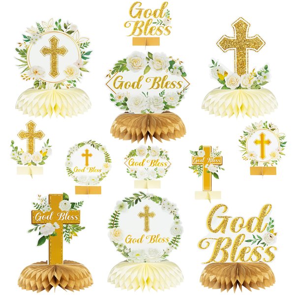 ANGOLIO White Gold Floral Honeycomb Centerpieces - 12Pcs Rose Greenery God Baptism Honeycomb Centerpieces Baby Shower Decor for Boy Girl Party Decor 3D Table Toppers God Bless First Communion Birthday