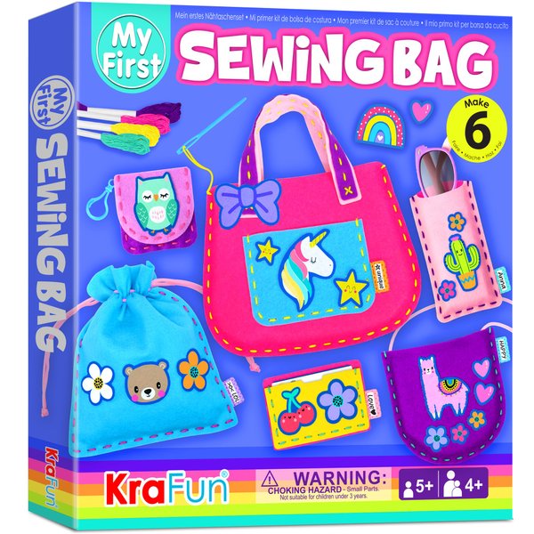 KRAFUN My First Sewing Bag Kit Arts & Crafts for Beginner Kids, 6 Easy DIY Sewing Handbag Pouch Sleeve Projects of Animal Theme, Instructions Learn to Sew & Felt Embroidery, Gift for Girls, Boys
