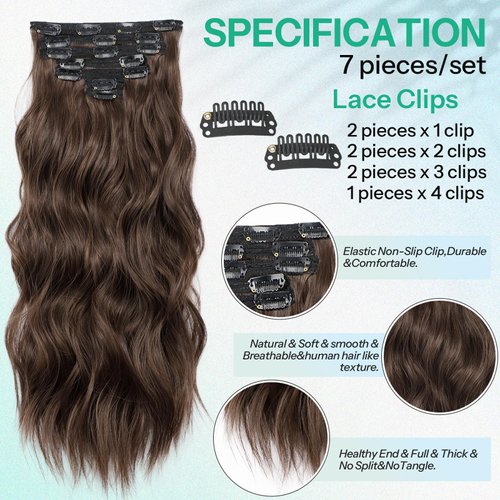 KooKaStyle Clip in Hair Extensions for Women,Chocolate Brown with Dark Brown 7PCS 20 Inch Hair Extensions Clip Ins Soft and Natural Hair Pieces for Women Thick Long Wavy