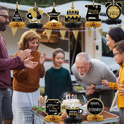 9PCS Retirement Party Decorations, Black and Gold Retirement Table Decorations, Retirement Centerpieces for Table, Retirement Decor for Retirement Party Men and Women