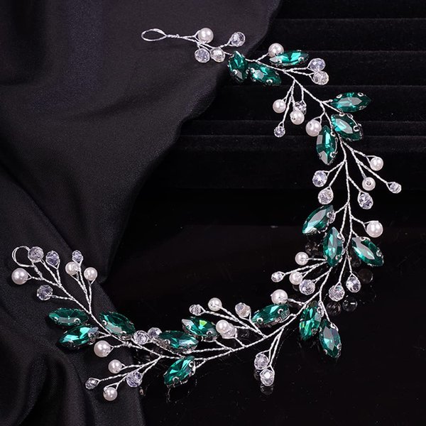 Teyglen Green Rhinestones Pearls Crystals Long Headband Hair Vine Handmade Bridal Silver Crystal Headband Wedding Hair Accessories for Brides Hair Pieces Headpieces for Women Girl