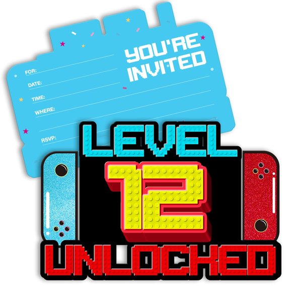pertnate Video Game 12th Birthday Party Invitations Glitter Video Game 12 Year Old Boys Birthday Party Shaped Invitations with Envelopes, Set of 20