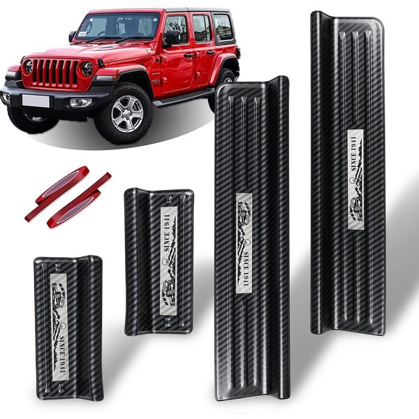 Rowa Door Sill Guards for Jeep 2018-2024 Wrangler JL JLU & 2020-2022 Gladiator JT, Carbon Fiber Pattern 304 Stainless Steel Door Entry Guard Full Coverage for Door Sill Protector (Patent Design)