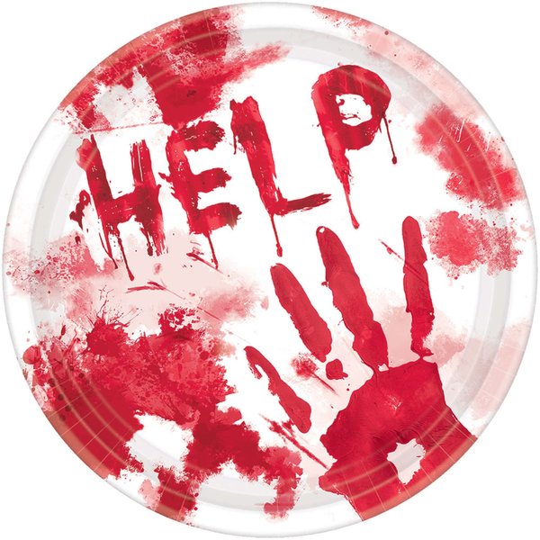 Amscan Bloody Good Time Round Paper Plates - 7", White/Red, 18 pcs