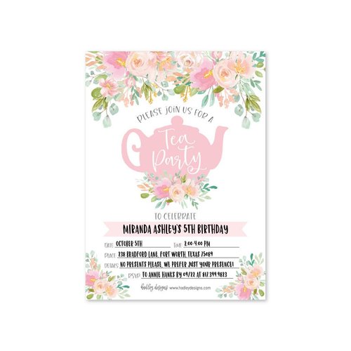 Hadley Designs Floral Princess Tea Party Invitations - 25 Count Pack, Multicolor, For Girls Birthday Parties
