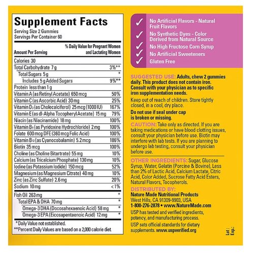 Nature Made PRENATAL Gummies FOLIC Acid +DHA +Choline Mixed Berry Flavor (120 CT) + Bonus 2 Sugar - Free White Peach Hydration Sticks