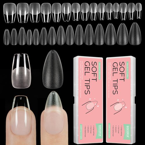 SOCORIA Soft Gel X False Nail Tips 2 Styles Kit - Medium Coffin, Medium Almond 480PCS Pre-shaped Matte Full Cover Acrylic Fake Nail Tips for Nail Extension DIY Manicure Salon Home 15 Sizes