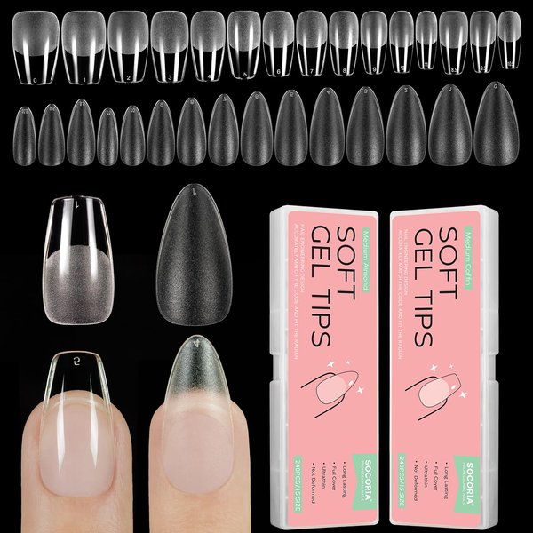 SOCORIA Soft Gel X False Nail Tips 2 Styles Kit - Medium Coffin, Medium Almond 480PCS Pre-shaped Matte Full Cover Acrylic Fake Nail Tips for Nail Extension DIY Manicure Salon Home 15 Sizes