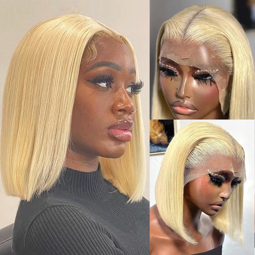 Blonde Bob Wig Human Hair 613 13x4 Lace Front Wig Human Hair Bob Deep Part Glueless Wigs 180% Density HD Lace Front 10 Inch Straight Short Blonde Bob Wigs for Women Pre Plucked