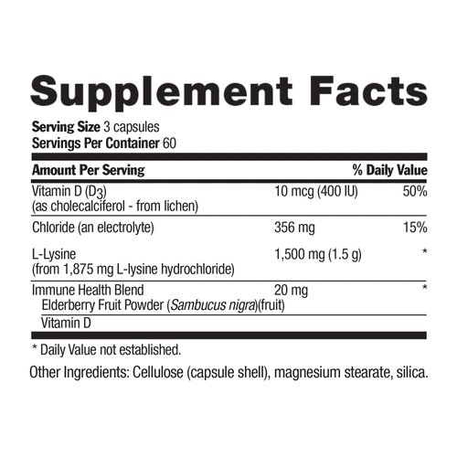 Country Life Vitamins L-Lysine Advanced, with Vitamin D & Elderberry,1500mg, 180 Vegan Capsules - Certified Gluten Free