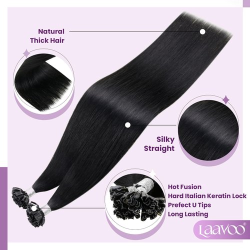 LaaVoo U Tip Hair Extensions Human Hair Jet Black K Tip Hair Extensions Real Human Hair Black Soft Hot Fusion Ktip Human Hair Extensions Black Women K Tip Hair Extensions 1g/1s 16 Inch 50set