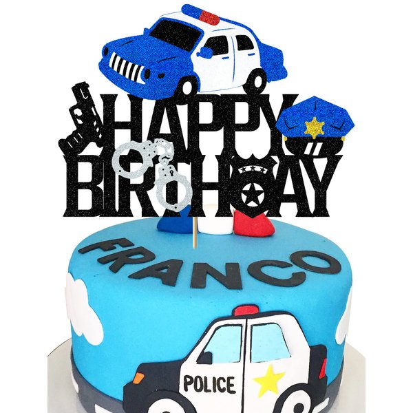 Police Car Cake Topper Police Happy Birthday Cake Decoration for Boys Kids Girls Glitter Police Policeman Theme Birthday Party Supplies