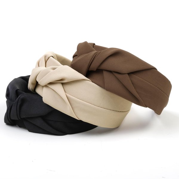 Knotted Headbands for Women Non Slip Women Headbands for Hair Fashion Hairband for Women‘s Hair Wide Top Knot Hair Hoops for Girls Black Beige Brown Head Band Hair Accessories for Women 3PCS