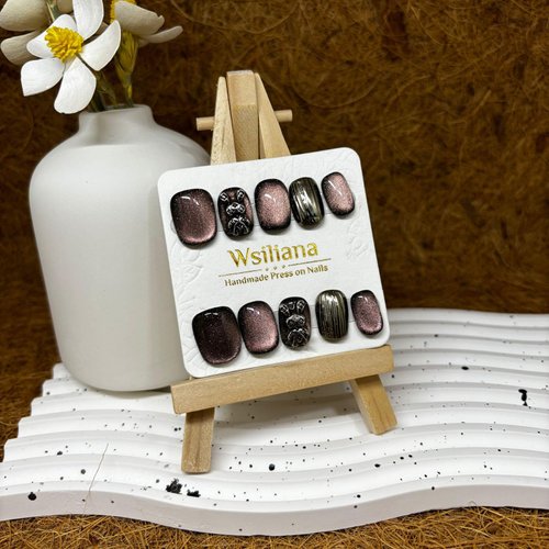 Wsiliana Handmade Press on Nails Short Medium Round Magnetic Cat Eye Pink 3D Cute Rabbit Design Acrylic Fake Nails Tips 10Pcs With Storage Box (006-M)