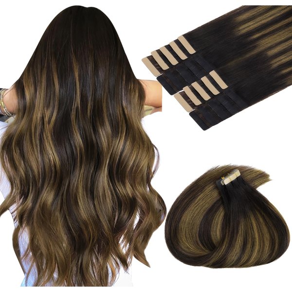 MAXITA Hair Extensions Tape in Hair Extensions Human Hair 18 inch 50g 20pcs Balayage Dark Brown to Chestnut Brown Real Human Hair Extensions Real Remy Seamless Straight Hair Extensions for Women