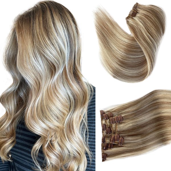 Remy Human Hair Clip in Extensions, Ash Brown Mixed Platinum Blonde Clip in Hair Extensions Real Human Hair,14 Inch 70G 7 Pcs Double Weft Hair Extensions Real Human Hair Clip ins for Women