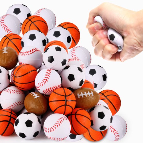 WELLVO Sports Party Favors 36 Pack Sports Stress Relief Toys Goodie Bags Stuffers Mini Foam Fidget Toys for Stress Anxiety Relief Classroom Prizes Kids Return Gifts Birthday Party Favors Toys