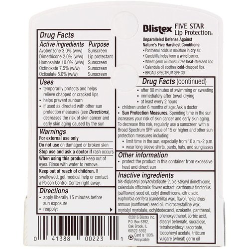 Blistex Five Star Lip Protection Lip Protectant/Sunscreen SPF 30 - 24 ct