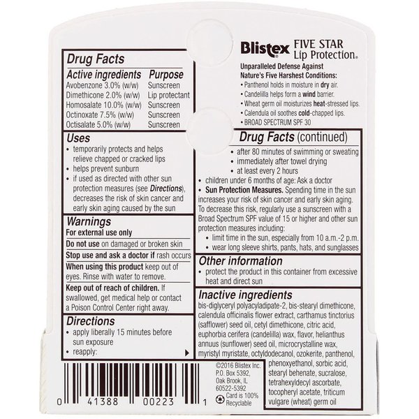 Blistex Five Star Lip Protection Lip Protectant/Sunscreen SPF 30 - 24 ct