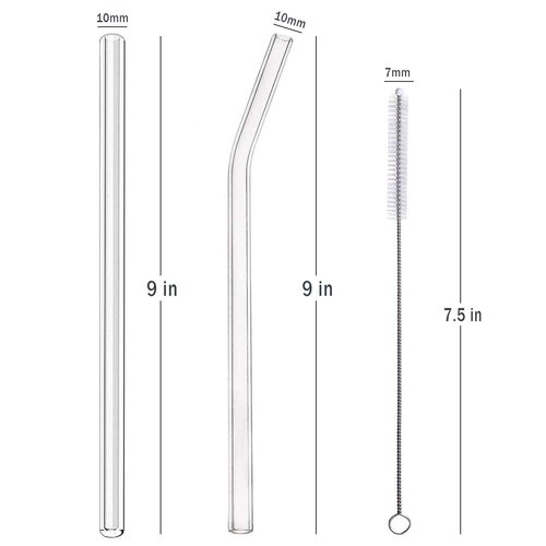 ALINK Clear Glass Straws, 9 in X 10 mm Reusable Straight & Bent Smoothie Straws, Set of 4 with Cleaning Brush