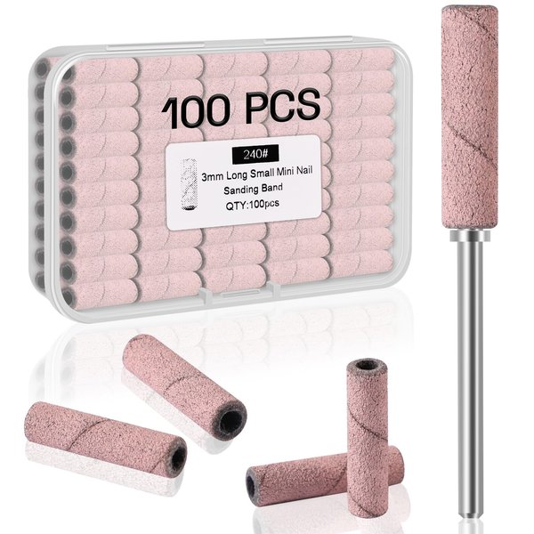 [Upgraded]Depvko 100pcs Super Long Small Sanding Bands for Nail Drill & 3.1MM Mandrel Nail Drill Bits Nail Tech, 240 X-Fine Grit Nail File Sanding Bands for Acrylic Nails Gel Manicure Pedicure, Pink