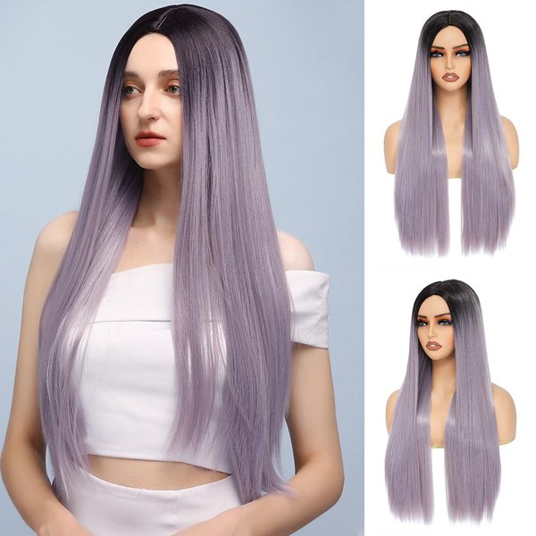 X-TRESS Long Straight Wig Purple Ombre Wig For Women Cosplay Halloween Wigs Synthetic Wig Include Wig Cap (Purple)