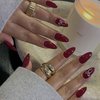 IMSOHOT Wine Red Press on Nails Almond Medium Fake Nails Cute Bow with Rhinestones Acrylic Full Cover Glue on Nails Glossy False Nails Kits for Women Red Gel Natural Nails 24 Pcs